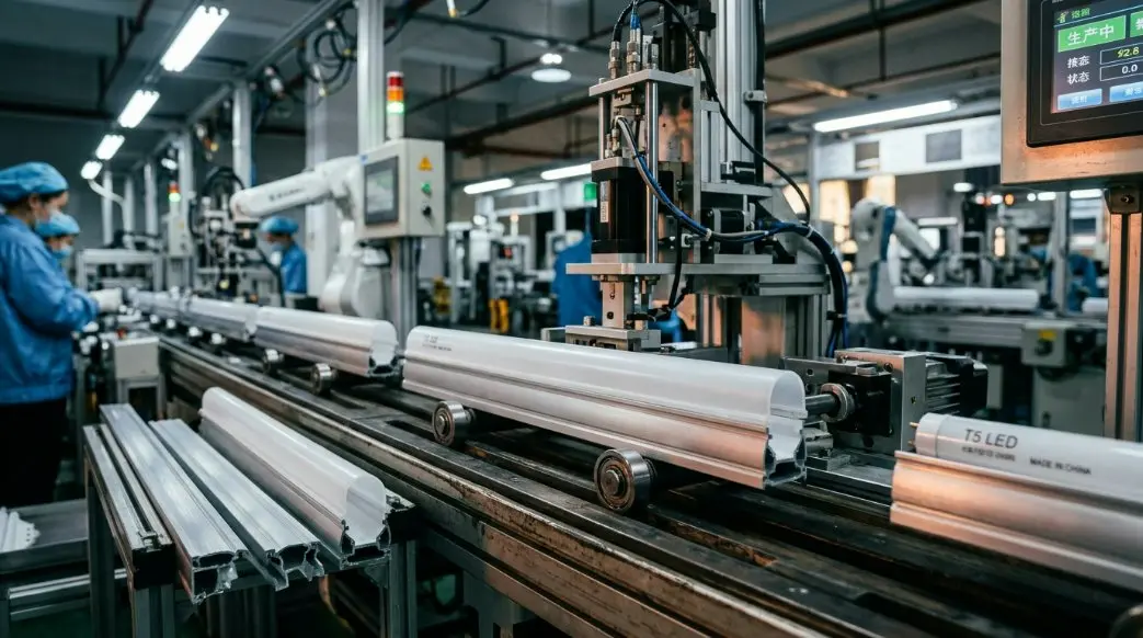 A high-tech industrial assembly line in China manufacturing T5 LED tube housings with aluminum extrusions and plastic diffusers clearly visible.